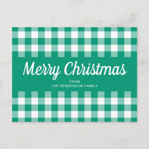 Rustic Green Gingham Chequered Merry Christmas Postcard
