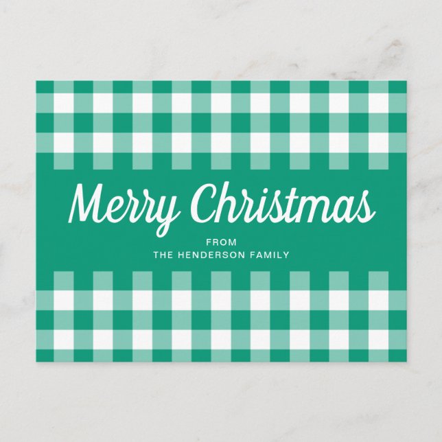 Rustic Green Gingham Chequered Merry Christmas  Postcard (Front)