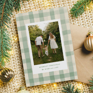 Rustic Green Gingham Cottagecore Stripes Photo Holiday Card