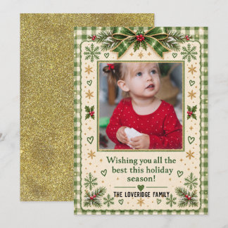 Rustic Green Gingham Gold Christmas Photo Holiday Card