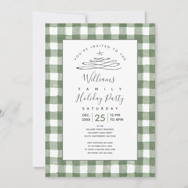 Rustic Green Gingham Holiday Invitation (Front)