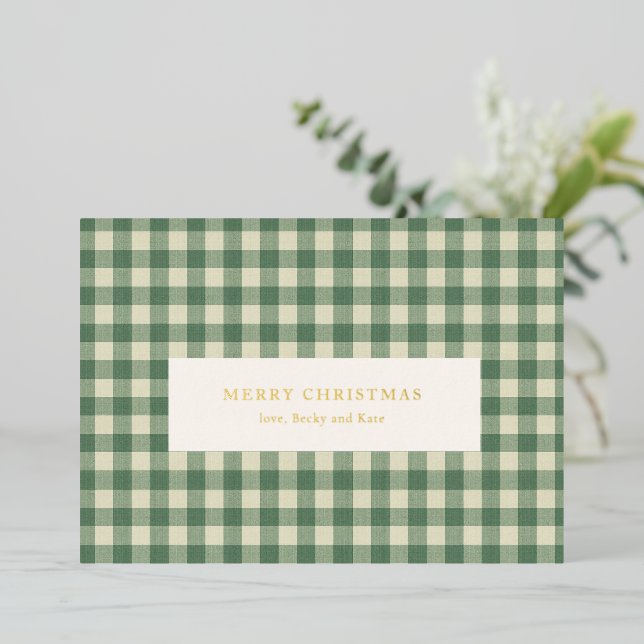 Rustic Green Gingham Modern Christmas Foil Holiday Card (Standing Front)