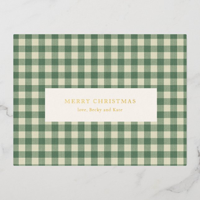 Rustic Green Gingham Modern Christmas Foil Holiday Postcard (Front)