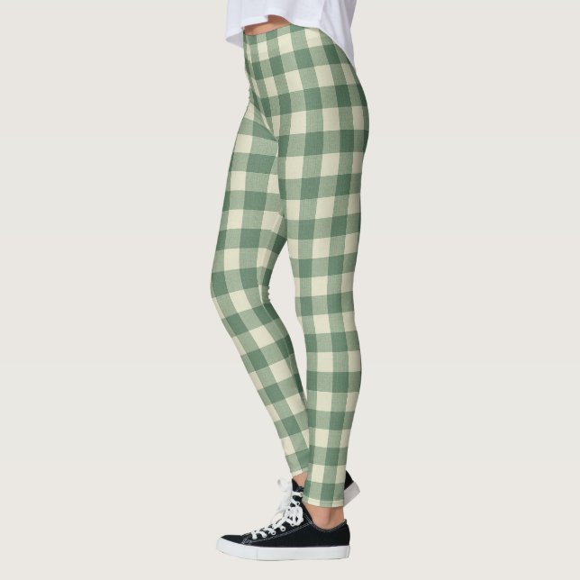 Rustic Green Gingham Modern Christmas Leggings (Left)