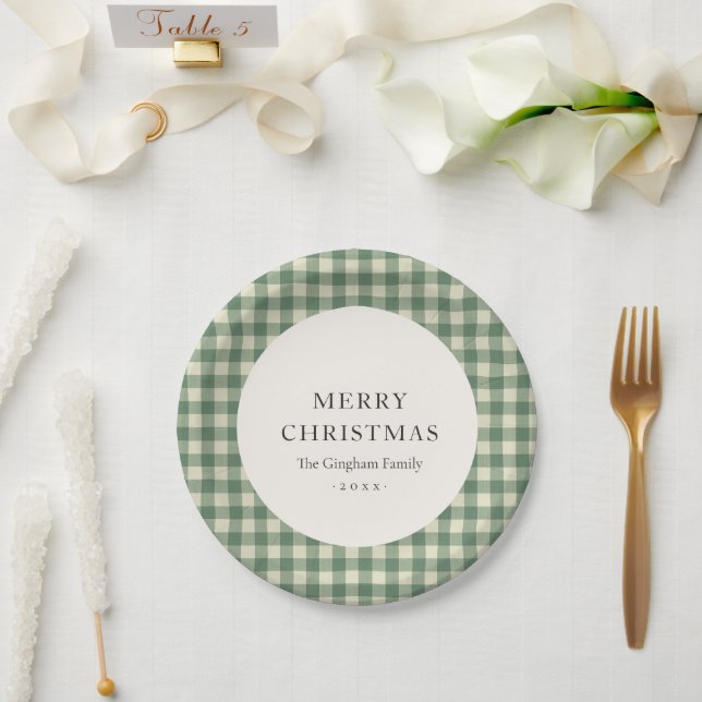 Rustic Green Gingham Modern Christmas Paper Plate (Wedding)