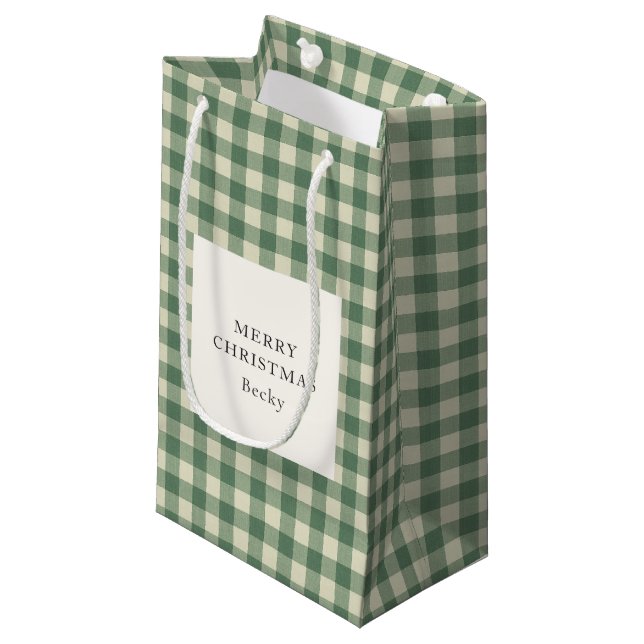 Rustic Green Gingham Modern Christmas Small Gift Bag (Front Angled)