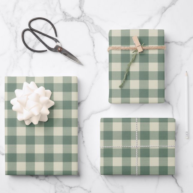 Rustic Green Gingham Modern Christmas Wrapping Paper Sheet (Front)