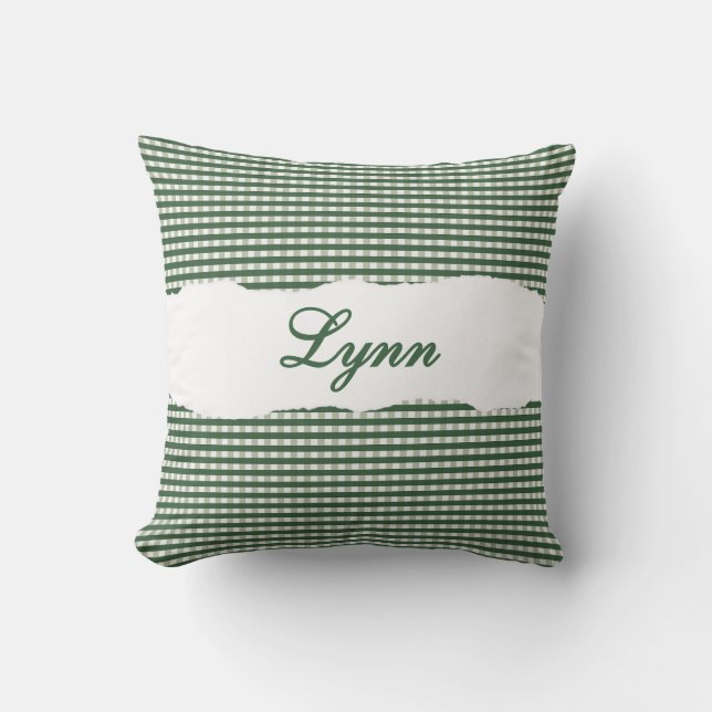 Rustic Green Gingham Personalized Name Cushion (Front)