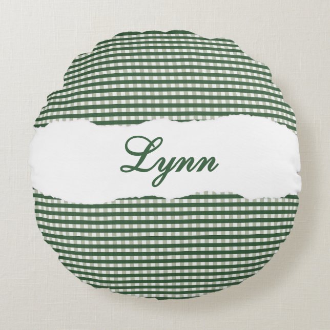 Rustic Green Gingham Personalized Name Round Cushion (Front)