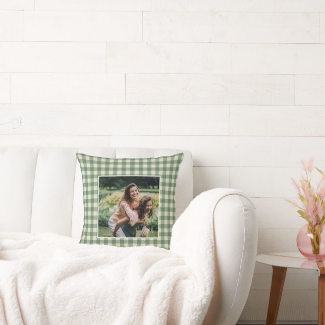 Rustic Green Gingham Photo Modern Christmas Cushion (Couch)