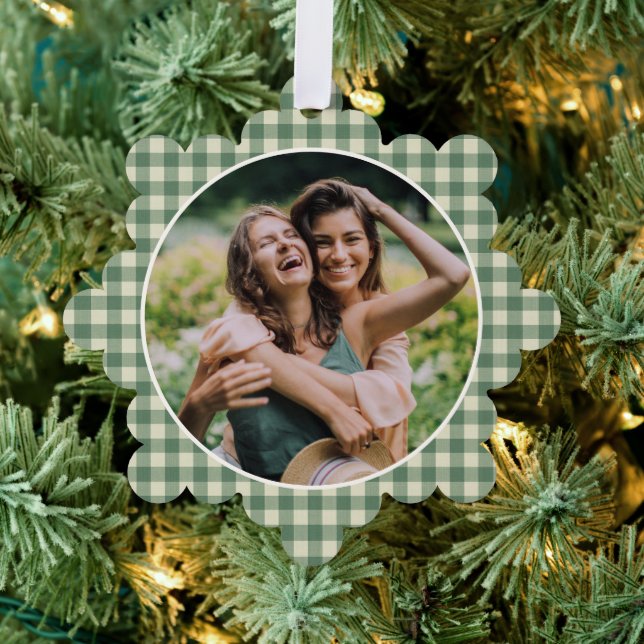 Rustic Green Gingham Photo Modern Christmas Tree Decoration Card (Insitu (Tree))