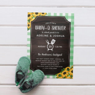 Rustic Green Gingham Sunflowers Baby-Q Shower Invitation