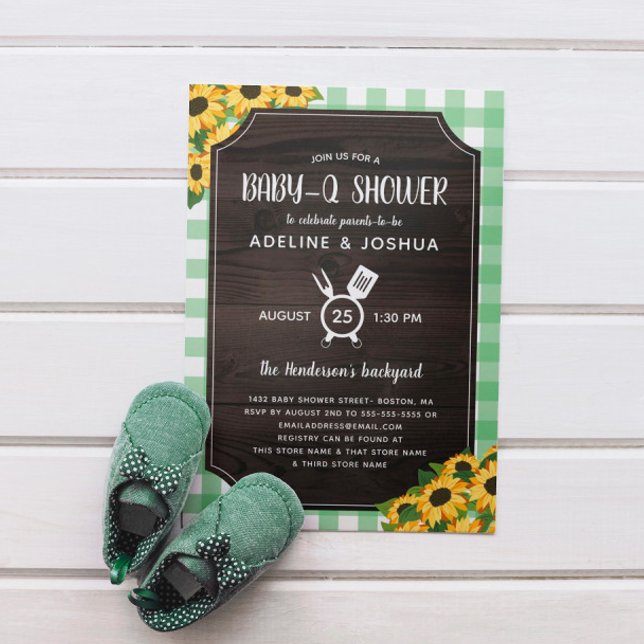 Rustic Green Gingham Sunflowers Baby-Q Shower Invitation (Creator Uploaded)