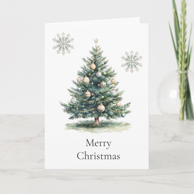 Rustic Green Gold Cream Christmas Tree Snowflakes Card (Front)