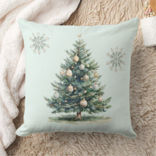 Rustic Green Gold Cream Christmas Tree Snowflakes Cushion