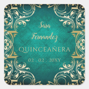 Rustic Green Gold Elegant Quinceanera Square Sticker