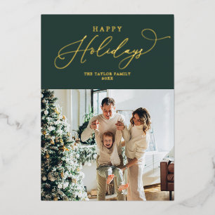 Rustic Green Gold Foil Happy Holidays Christmas Foil Holiday Card