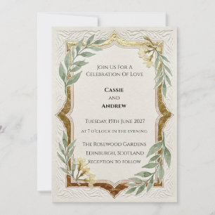 Rustic Green Gold Frame Wedding Invitation