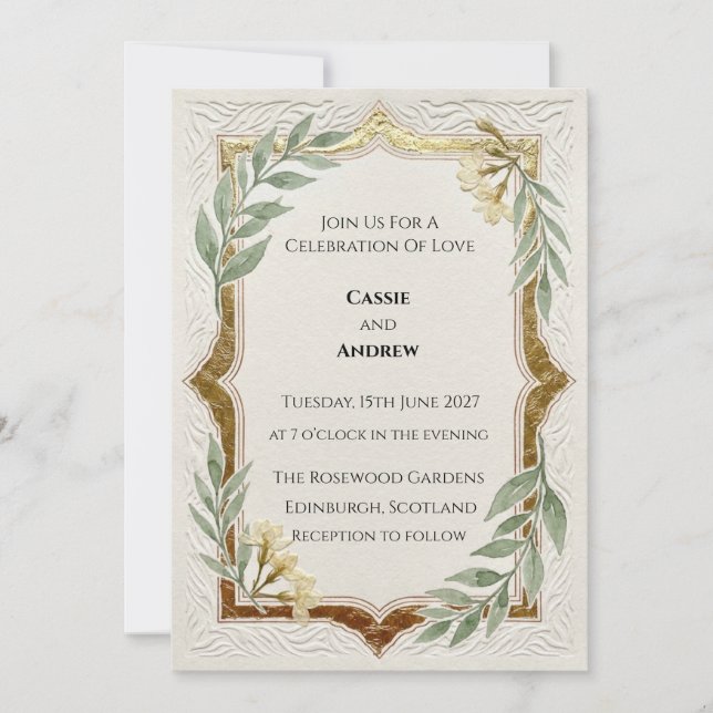 Rustic Green Gold Frame Wedding Invitation (Front)