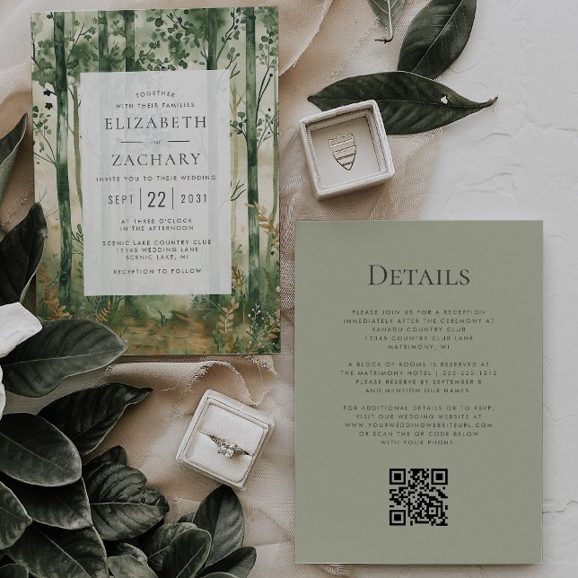 Rustic Green Gold Woodland QR Code Wedding Invitation (Creator Uploaded)