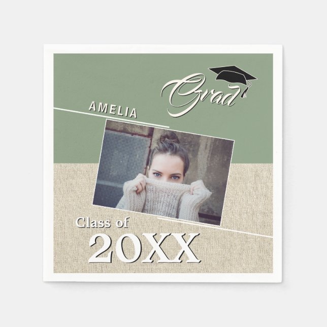 Rustic Green Graduate Photo Graduation Party Napkin (Front)