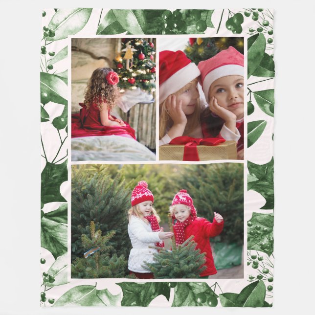 Rustic Green Holly Three Photo Collage Holiday Fleece Blanket (Front)