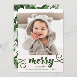 Rustic Green Holly with Photo Christmas Holiday Invitation