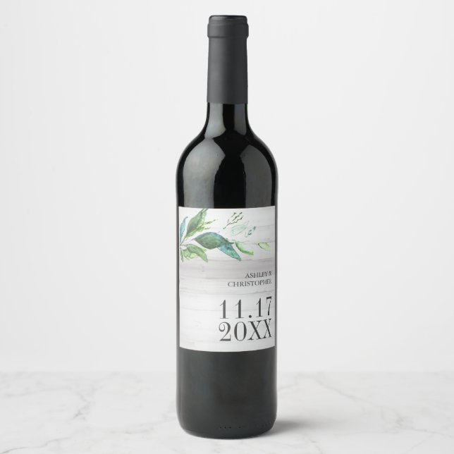 Rustic Green Leaf Wedding Wine Label Personalised (Front)