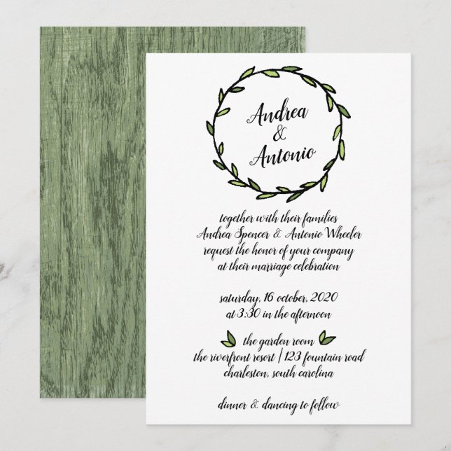 Rustic Green Leafy Wreath Wedding Invitation (Front/Back)