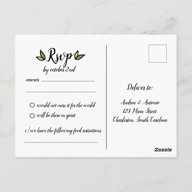 Rustic Green Leafy Wreath Wedding RSVP Card (Back)