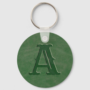 Rustic Green Leather Texture Monogram Initial Key Ring