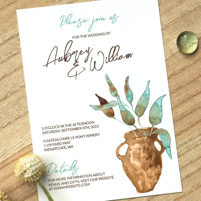 Rustic Green Leaves, Clay Pot Wedding Invitations (Clay Terracotta Pot, Eucalyptus Green Leaves Simple Botanical Wedding Invitation, Painted Watercolor)
