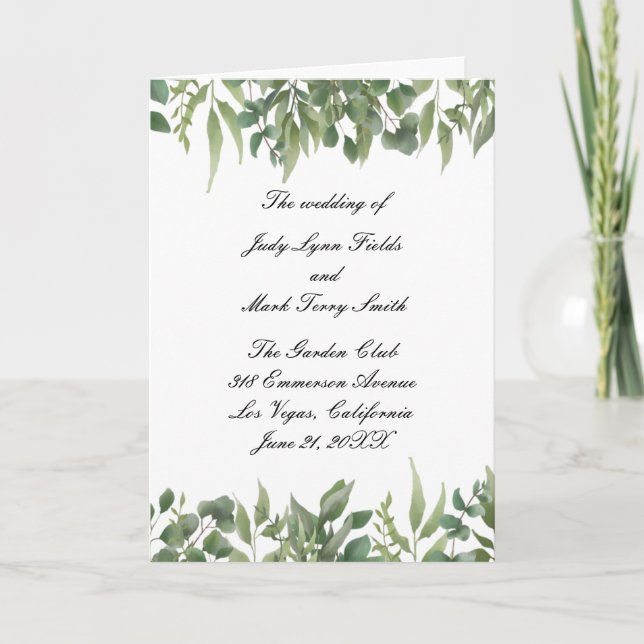 Rustic Green Leaves Greenery Foliage Wedding Programme (Front)