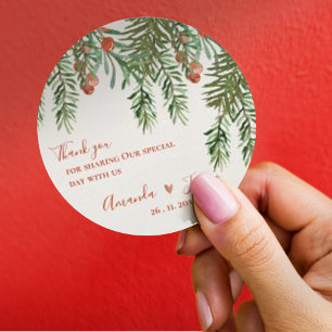 Rustic Green Leaves Red Berries Christmas Wedding Classic Round Sticker