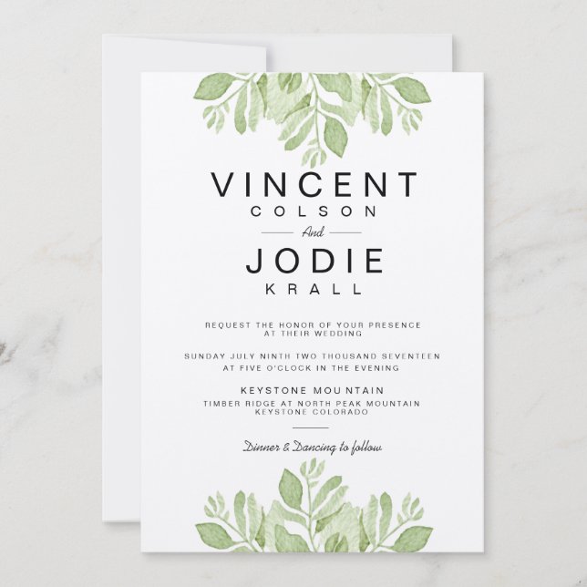 Rustic Green Leaves | Watercolor Wedding Invite (Front)
