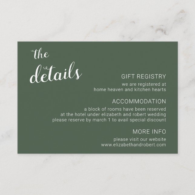 Rustic Green Minimalist Script Calligraphy Wedding Enclosure Card (Front)