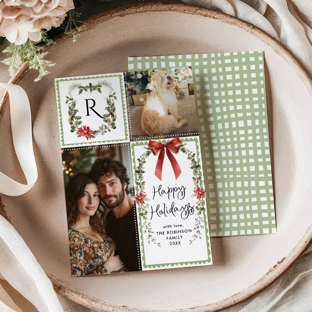 Rustic Green Monogram Bow Merry Christmas 2 Photo Holiday Card (Creator Uploaded)