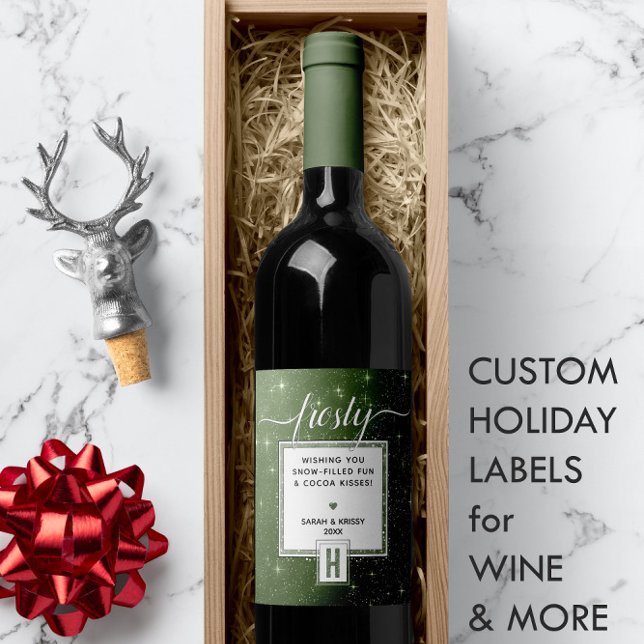 Rustic Green Monogram FROSTY ❄️ Snowy Vibe Wine Label (Rustic Green Monogram FROSTY ❄️ Snowy Vibe Wine Label
)