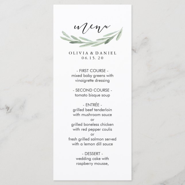 Rustic Green Olive Branch Simple Wedding Menu Card (Front)