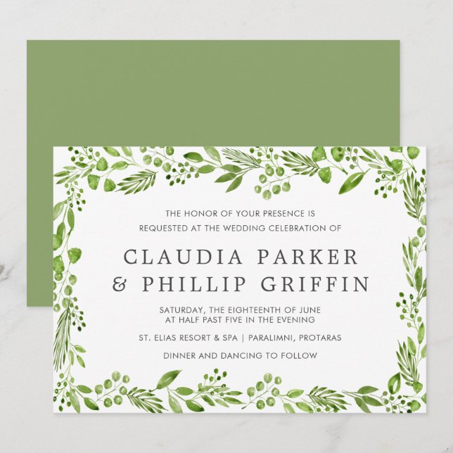 Rustic Green Olive Leaf Frame Horizontal Wedding Invitation (Front/Back)