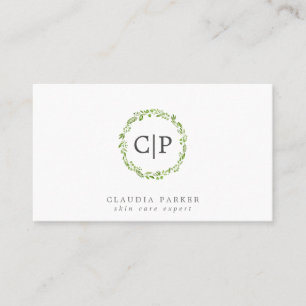 Rustic Green Olive Leaf Wreath Monogram Business Card