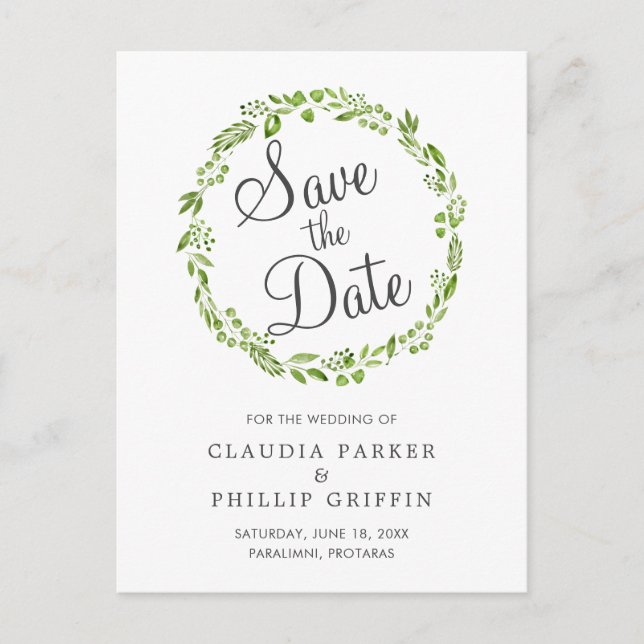 Rustic Green Olive Leaf Wreath Save the Date Announcement Postcard (Front)