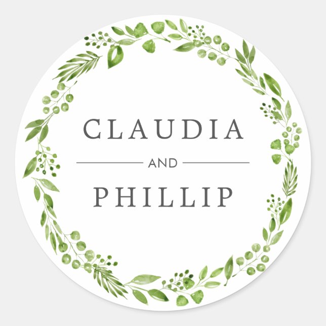 Rustic Green Olive Leaf Wreath Wedding Classic Round Sticker (Front)