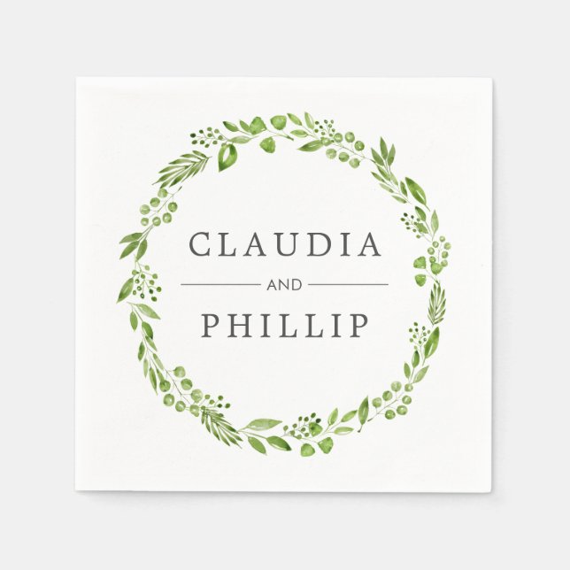 Rustic Green Olive Leaf Wreath Wedding Napkin (Front)
