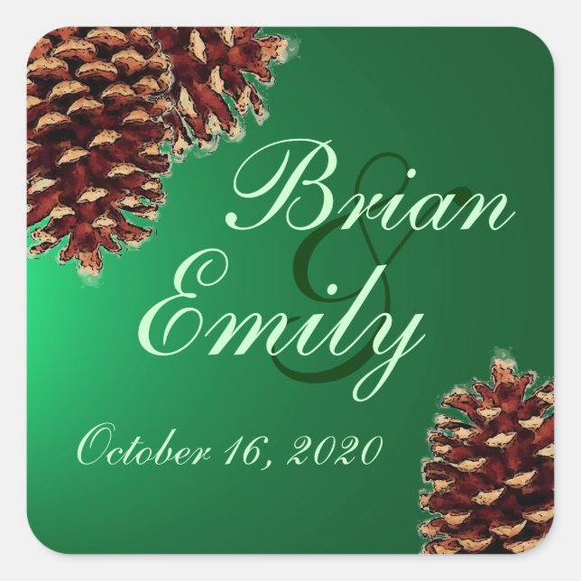 Rustic green pine cone custom wedding labels (Front)