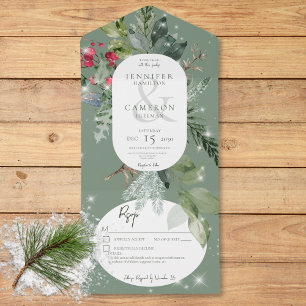 Rustic Green Pine & Holly Winter Sparkle Details All In One Invitation