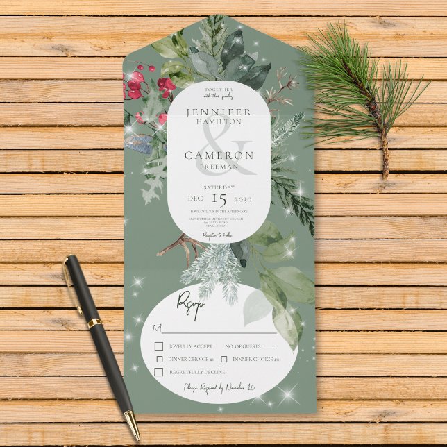 Rustic Green Pine & Holly Winter Sparkle Dinner All In One Invitation (Also available with a QR code or without dinner selection options.)