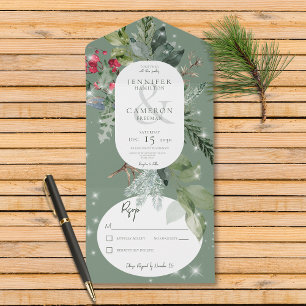 Rustic Green Pine & Holly Winter Sparkle No Dinner All In One Invitation