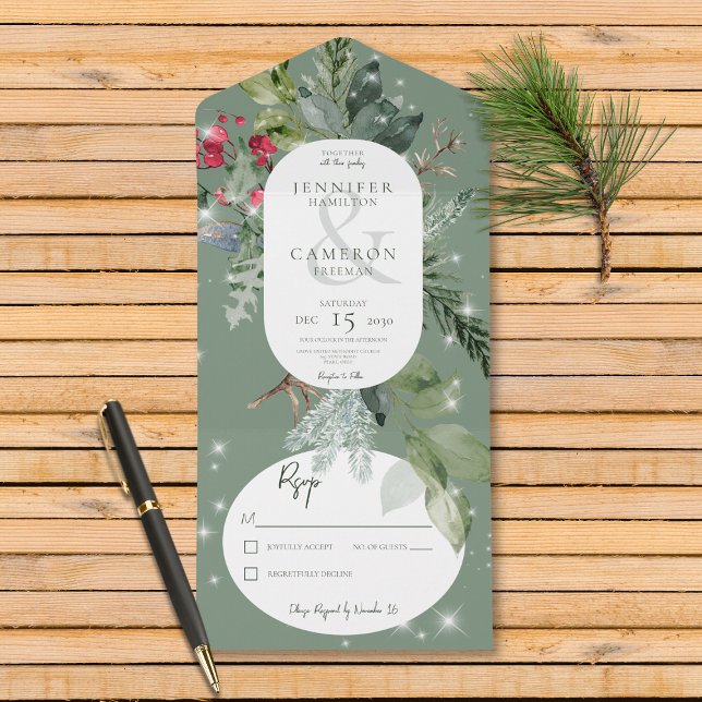 Rustic Green Pine & Holly Winter Sparkle No Dinner All In One Invitation (Also available with a QR code or with dinner selection options.)