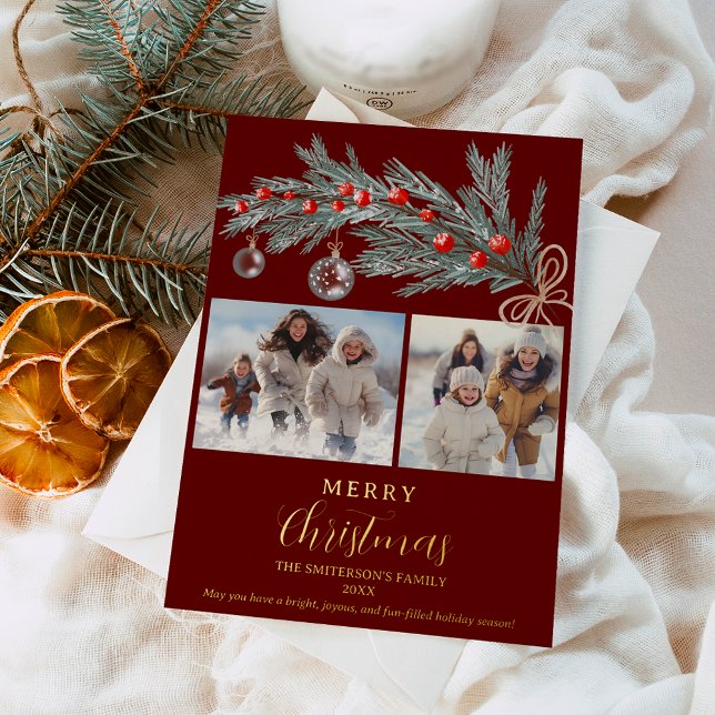 Rustic green pine red Merry Christmas 3 photos Foil Holiday Card (Rustic green pine red Merry Christmas 3 photos Foil Holiday Card)